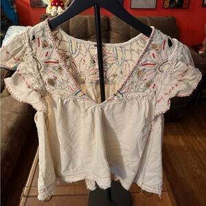 Free People Embroidered White Boho Top